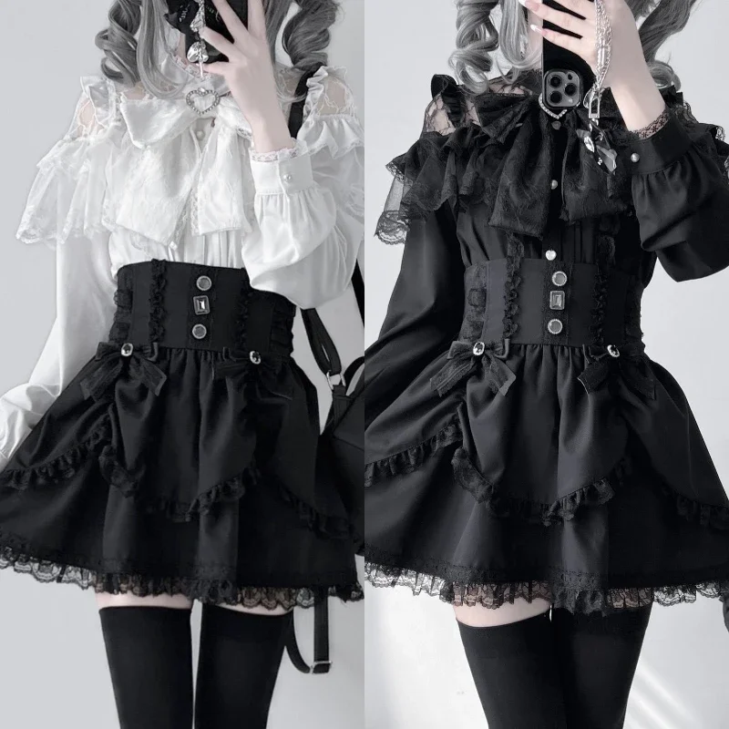 

Japanese Kawaii Lolita Blouse Women Lace Patchwork Blouses Summer Cute JK Shirts Girly Bow Sexy Sweet Tops Blusas Mujer
