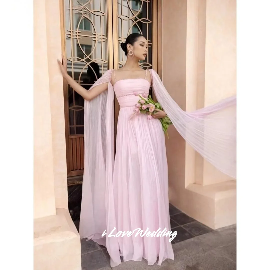 

Pink Spaghetti Strap Beaded Prom Dresses Strapless Shawl Sleeveless A-Line Backless Pleated Floor-Length Elegant Customized