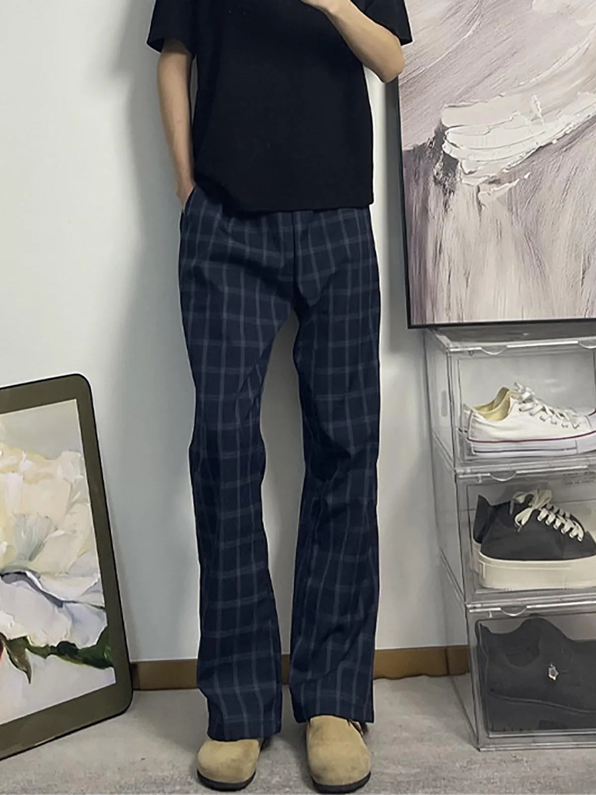 

Cleanfit Blue Plaid Sports Pants Men's American Loose Fit Casual Straight Leg Micro Flared Trousers Comfortable Daily Wear