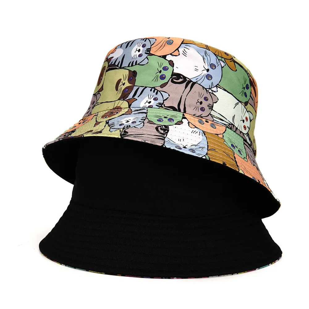 European and American New Cat Print Bucket Hats for Men and Women 2024 Summer Outdoor Leisure Sunscreen Versatile Basin Caps