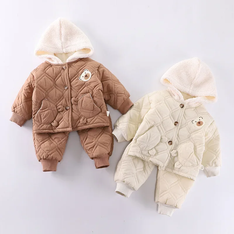 Traje de chaqueta con capucha gruesa y cálida para niños y niñas, ropa de moda para niños, pantalones para niños pequeños, traje para niños, nuevo, invierno, 2 piezas por juego