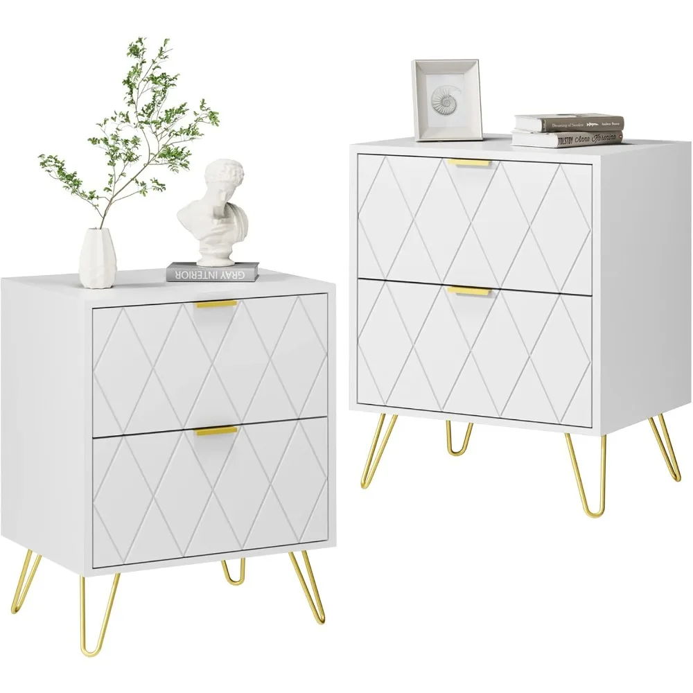 

White Nightstand Set of 2, End Side Table Double, Bedside Table with 2 Drawers, Dual Night Stand Metal Gold Legs