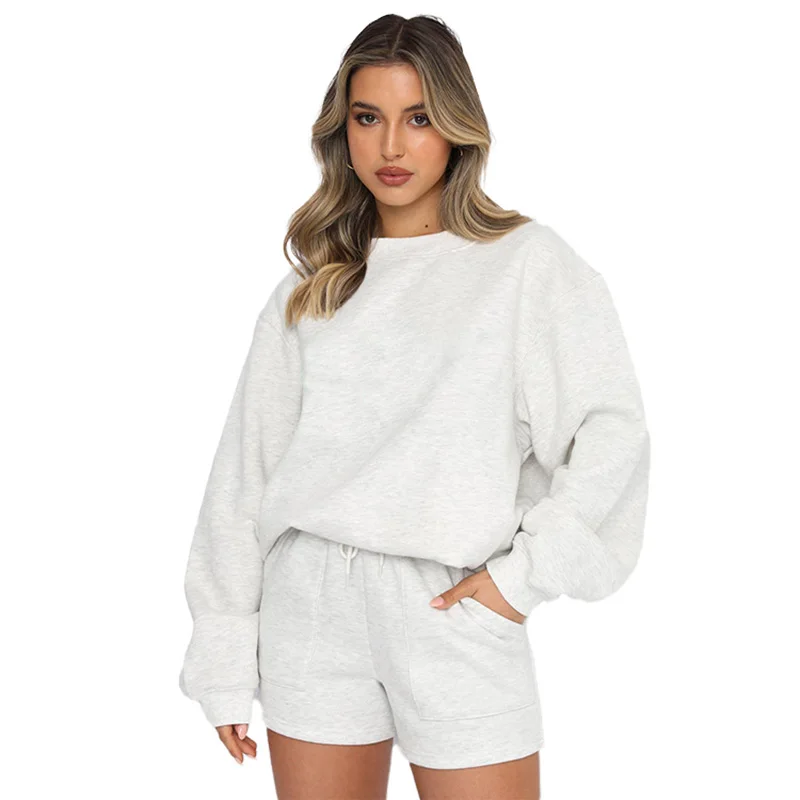 New Solid Color Women's Crewneck Sweatshirt Two-piece Set with Casual Sports Shorts - Perfect for a Workout