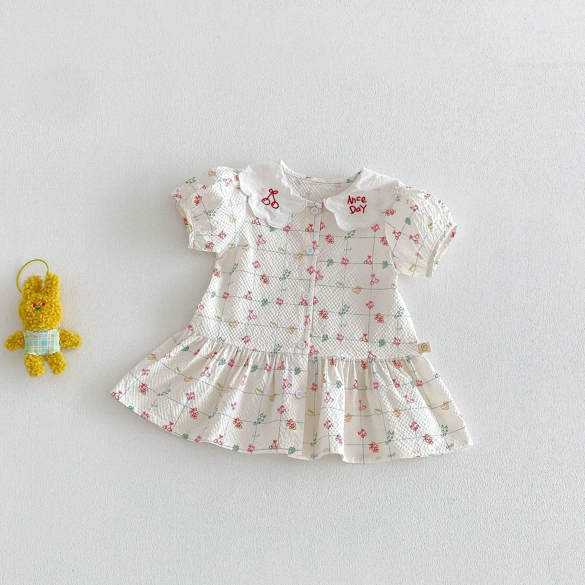 

0-5Y Girls Puff Sleeve Dress Summer Kids Doll Collar Casual Dress Ruffle Hem for Children Cherry Embroidery Dresses