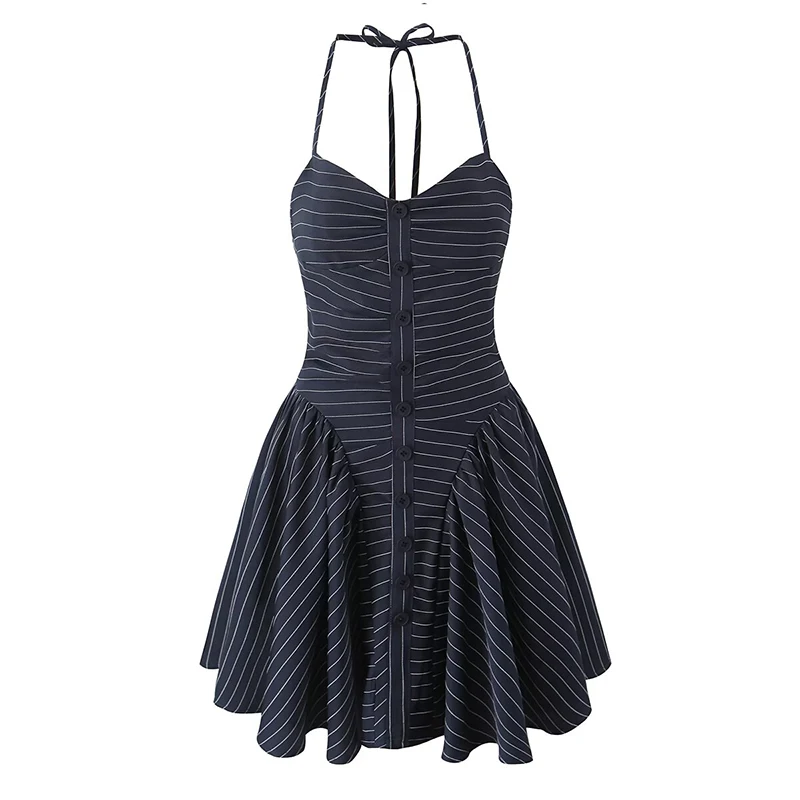 Navy Blue Striped Halter Dress For Women Sexy Sleeveless A-line Mini Summer Party Dresses High Street Robe