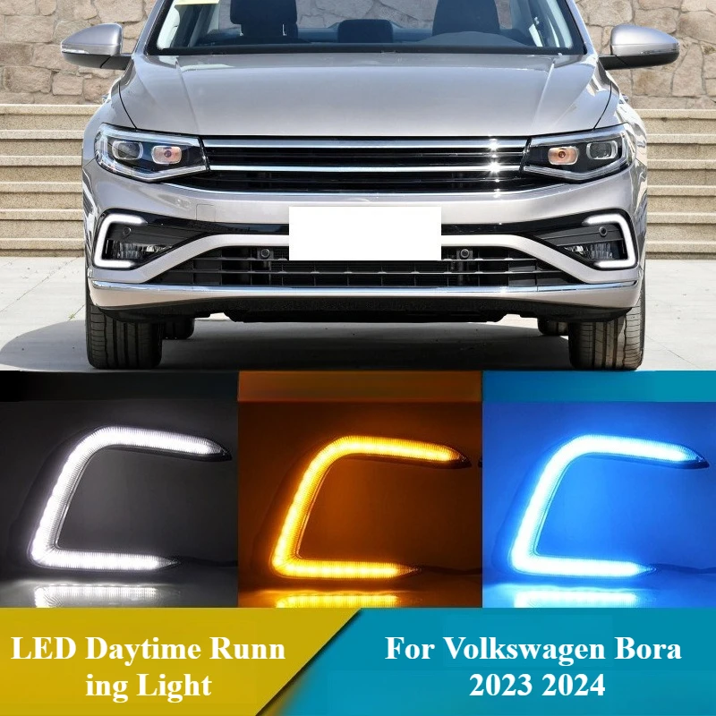 

For Volkswagen VW Bora 2023 2024 2Pcs LED Daytime Running Light Daylights with Dynamic Turn Signal DRL Front Bumper Fog Lamp