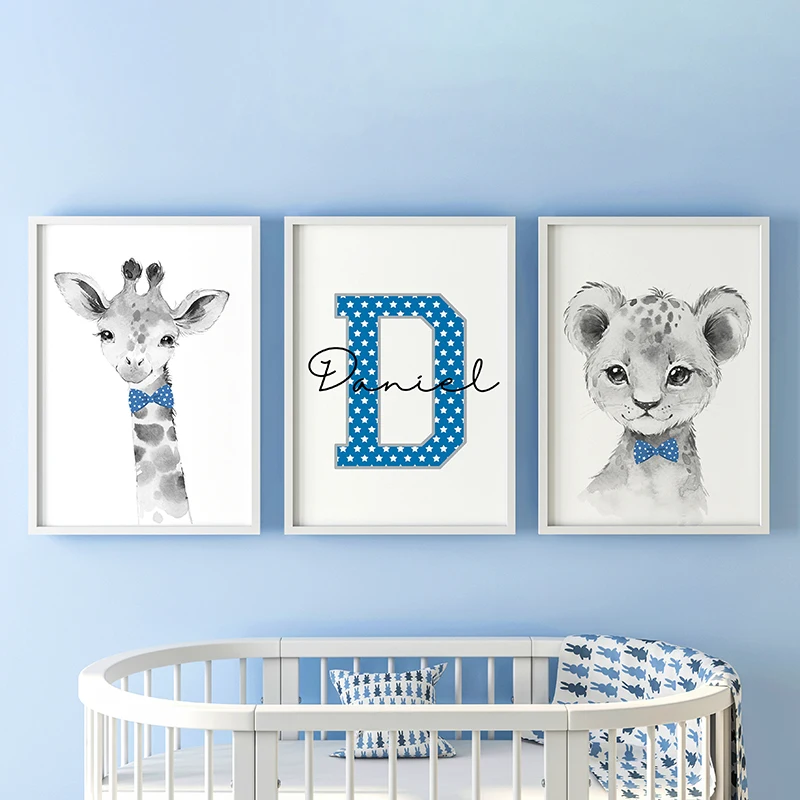 Personalized Wall Posters and Prints Safari Animals Nursery Wall Art Canvas Paintings for Boys Kids Bedroom Decoration Pictures