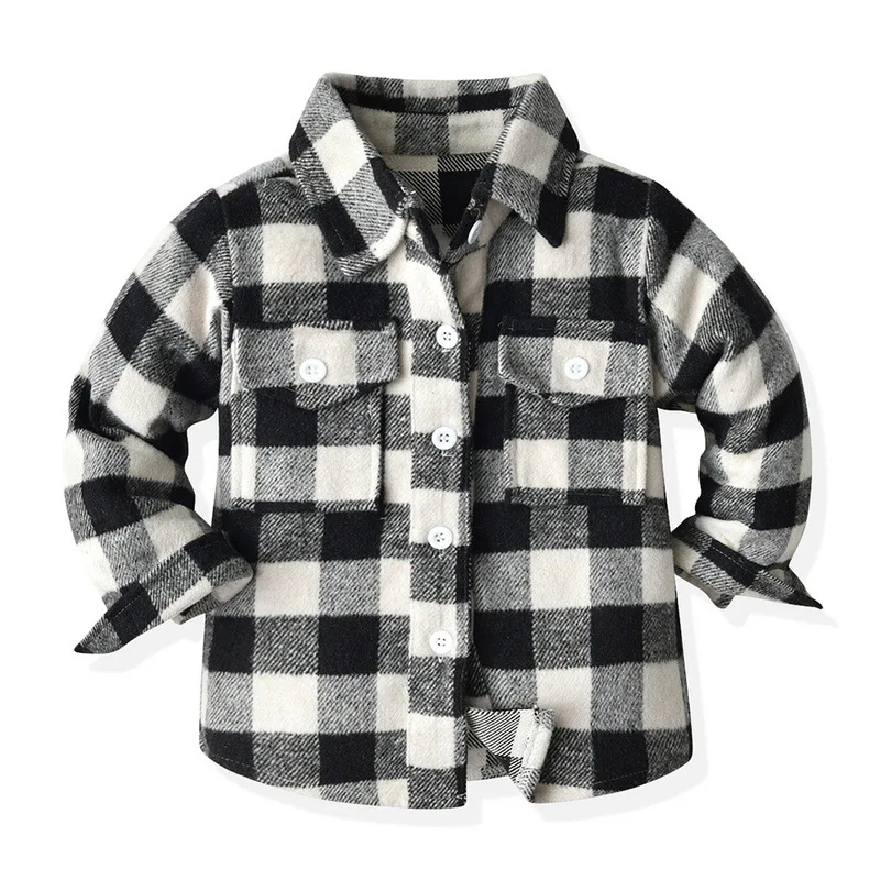Autumn Boys' Coat Korean Version New Product Children's Neutral Plaid Polo Collar Brushed Long Sleeve Top Trendy Short Cardigan