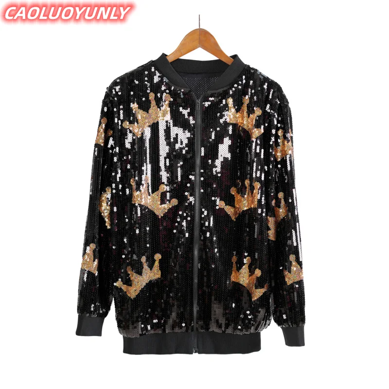 

Autumn High Quality Streetwear Long Sleeve Zipper Sequins Geometric Jacket Hip Hop Round Neck Loose Women' Outerwear Coats