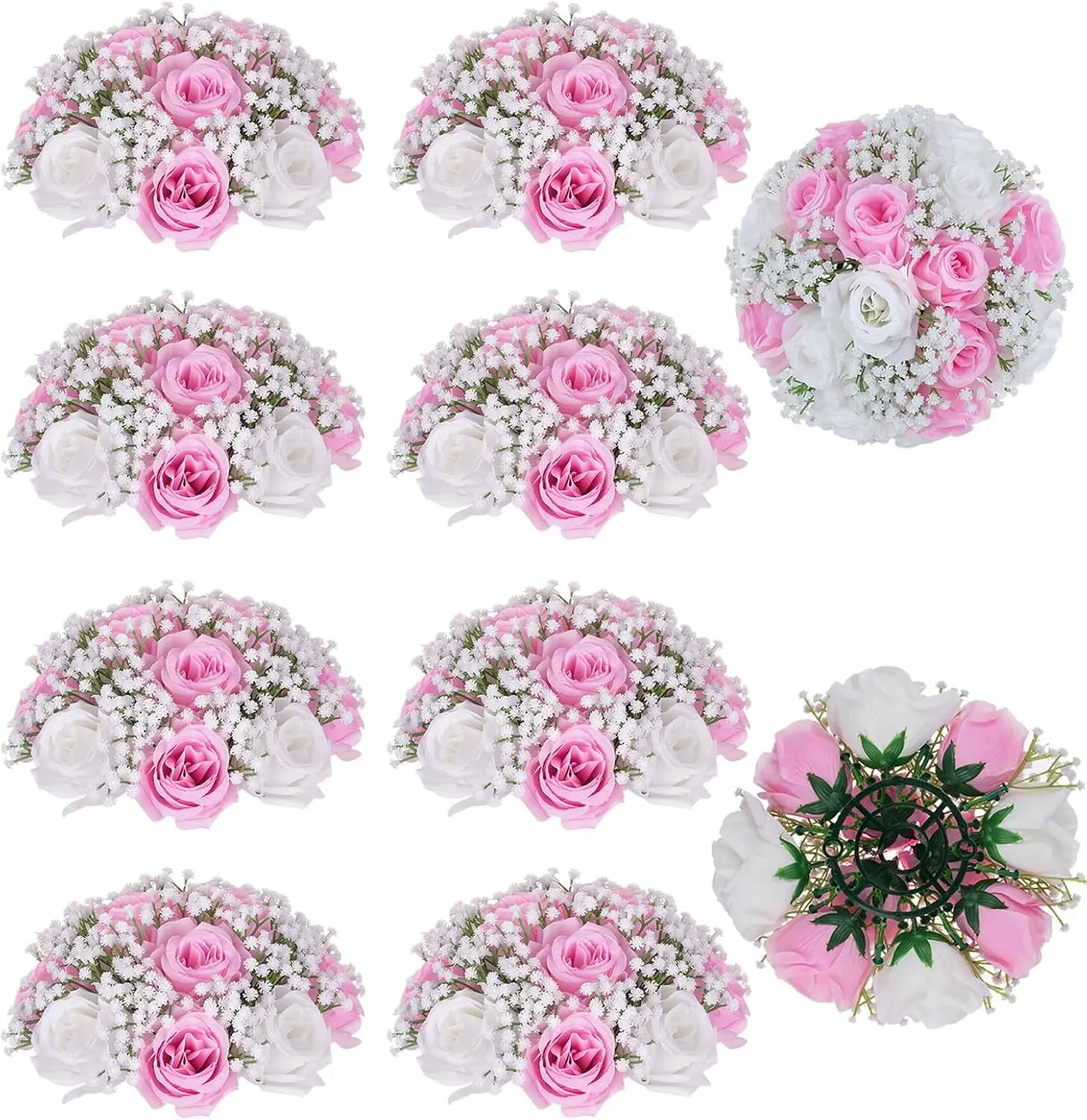 

Flowers Balls Wedding Centerpiece: 10 Pcs Pink Rose Babys Breath Artificial Flowers for Table Decorations Silk Kissing Floral Bo