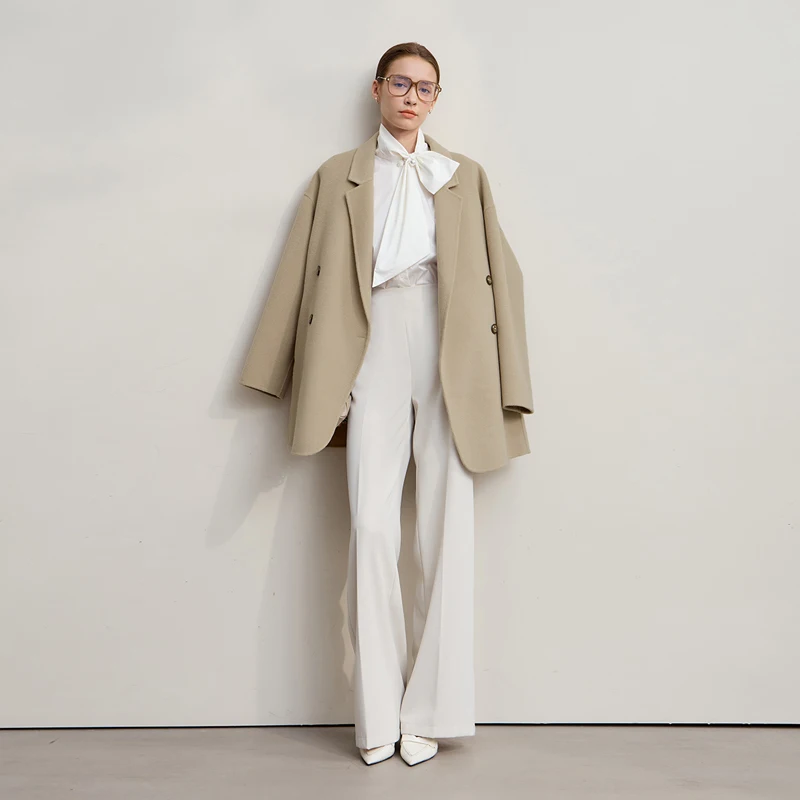 Amii abrigo de mujer 2025 invierno nueva chaqueta holgada de doble botonadura versátil para mujer abrigo de lana 100% de manga larga para mujer 12524036