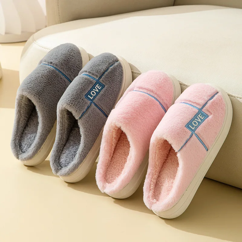 Couple Warm Cotton Slippers Winter Indoor Home Comfortable Letter Toe Wrap Horizontal Bar Non Slip Unisex Thick Sole Shoes