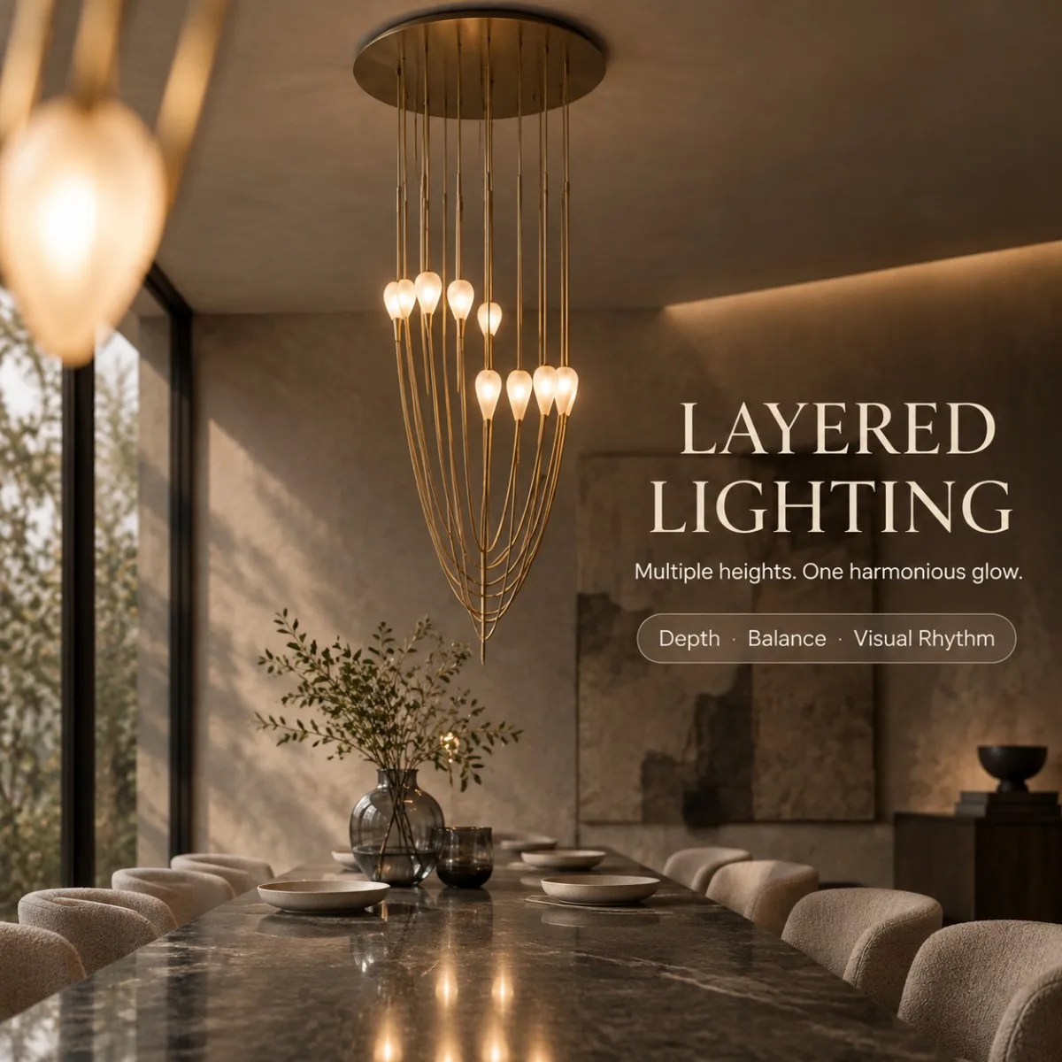 Modern Wabi Sabi 2026 Frosted Glass Bud Chandelier Staggered Curved Rod Pendant Light for Villa High Ceiling Staircase Foyer