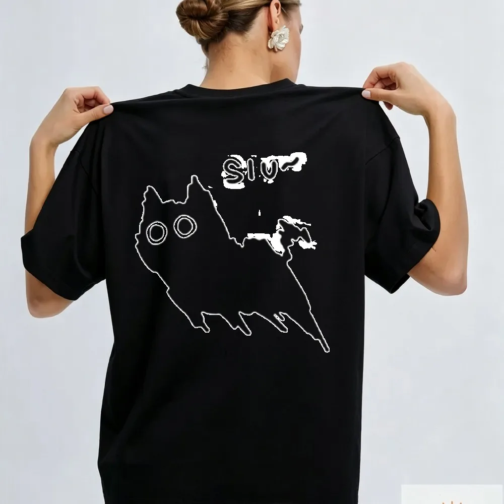 Women Funny Siu Meme Line Art Cat Outline Graphic Tshirt Weird Cartoon Cat Doodle Text Cotton Humor Internet Meme Cotton T-shirt