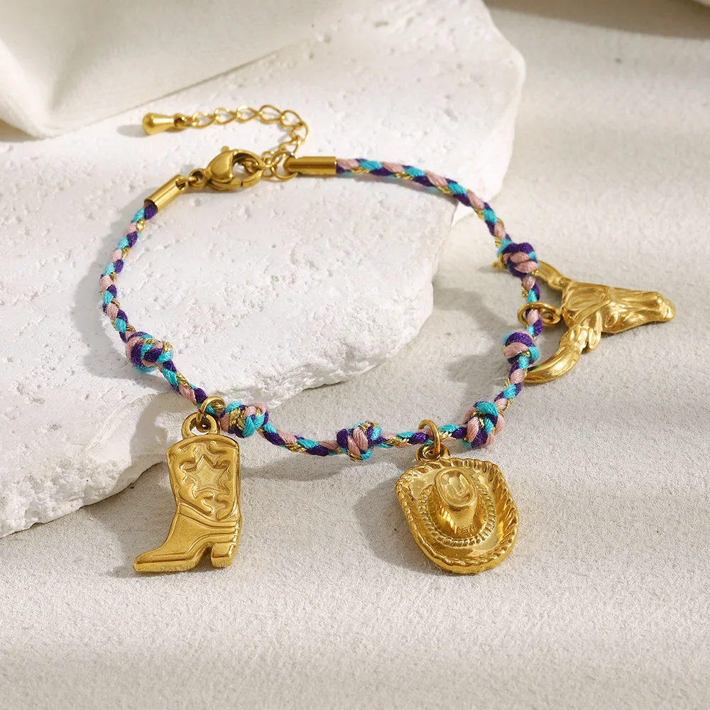 Keen on-sombreros de acero inoxidable, botas, pulsera de cuerda de color con cabeza de toro, pieza de mano de nicho de estilo a la moda para mujer