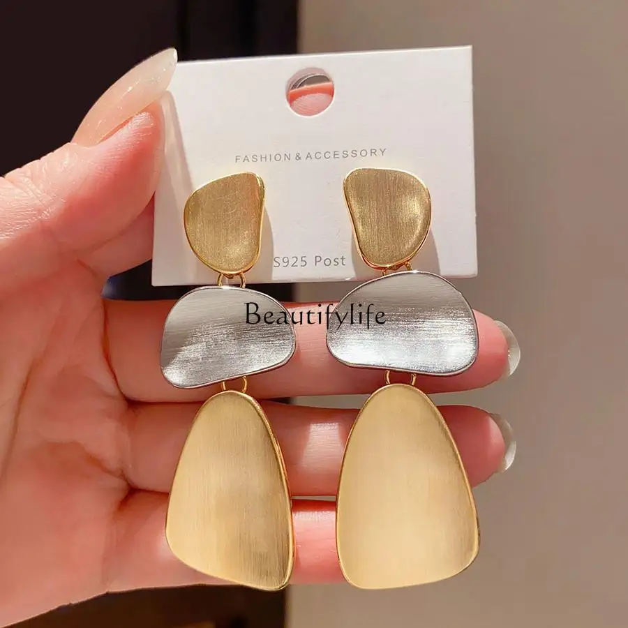 

Vintage brushed metal geometric irregular large earrings women's European and American exaggerated high sense