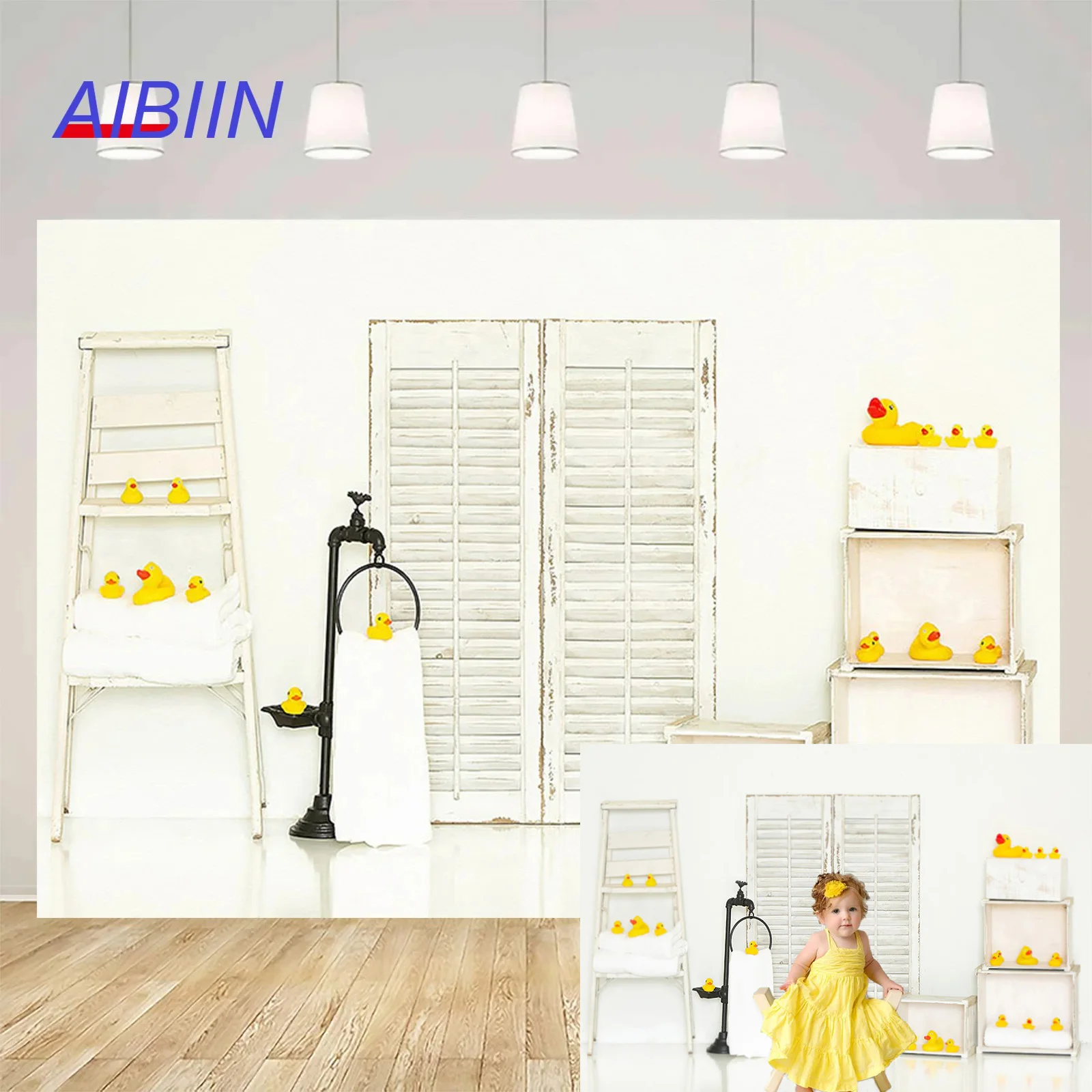 AIBIIN Baby Shower Photography Background Yellow Duck White Door Bath Backdrop Party Decor Kids Portrait Photo Studio