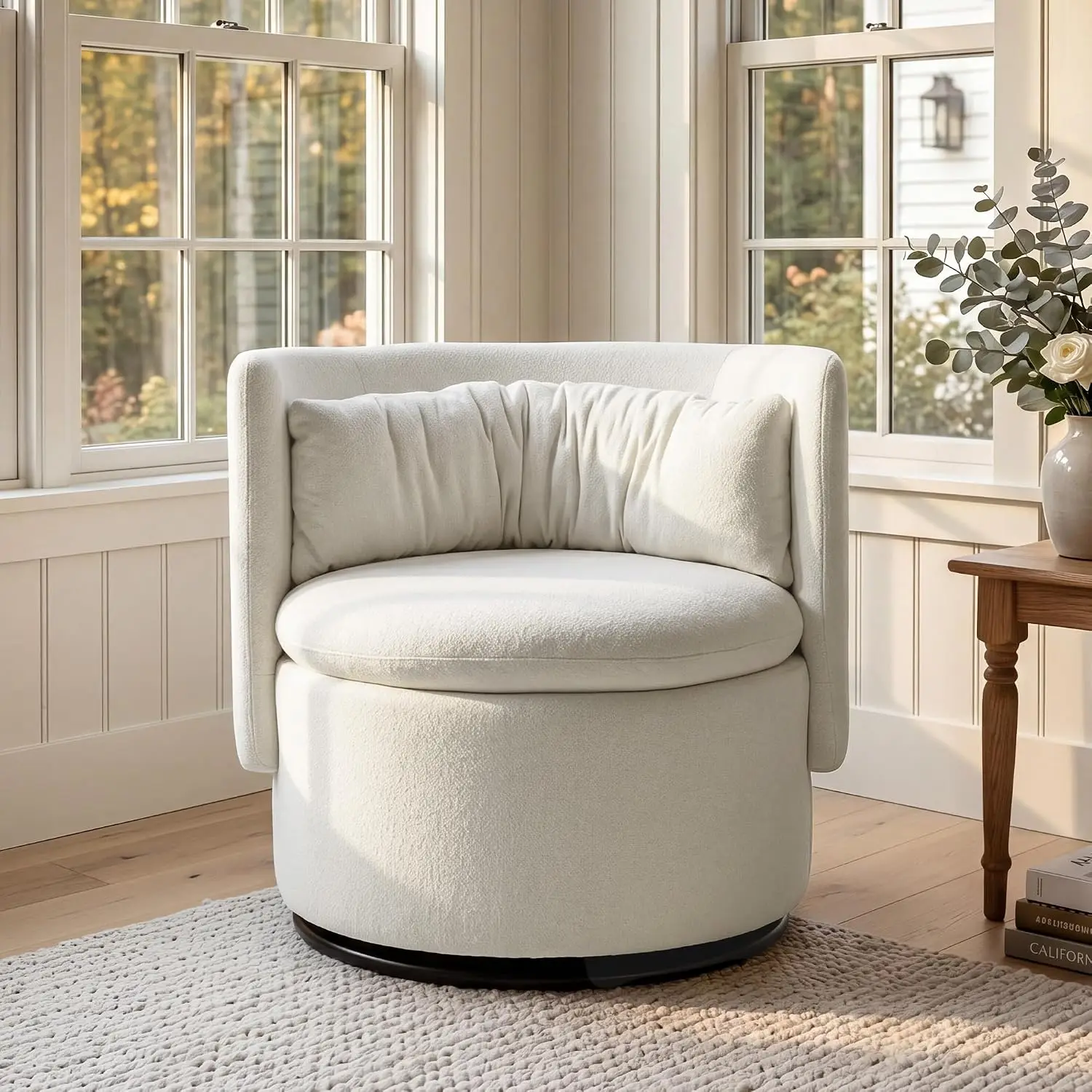 Swivel Barrel Chair with Storage, 360° Rotation, Chenille Fabric, Round Accent Chair for Living Room & Bedroom, Customized