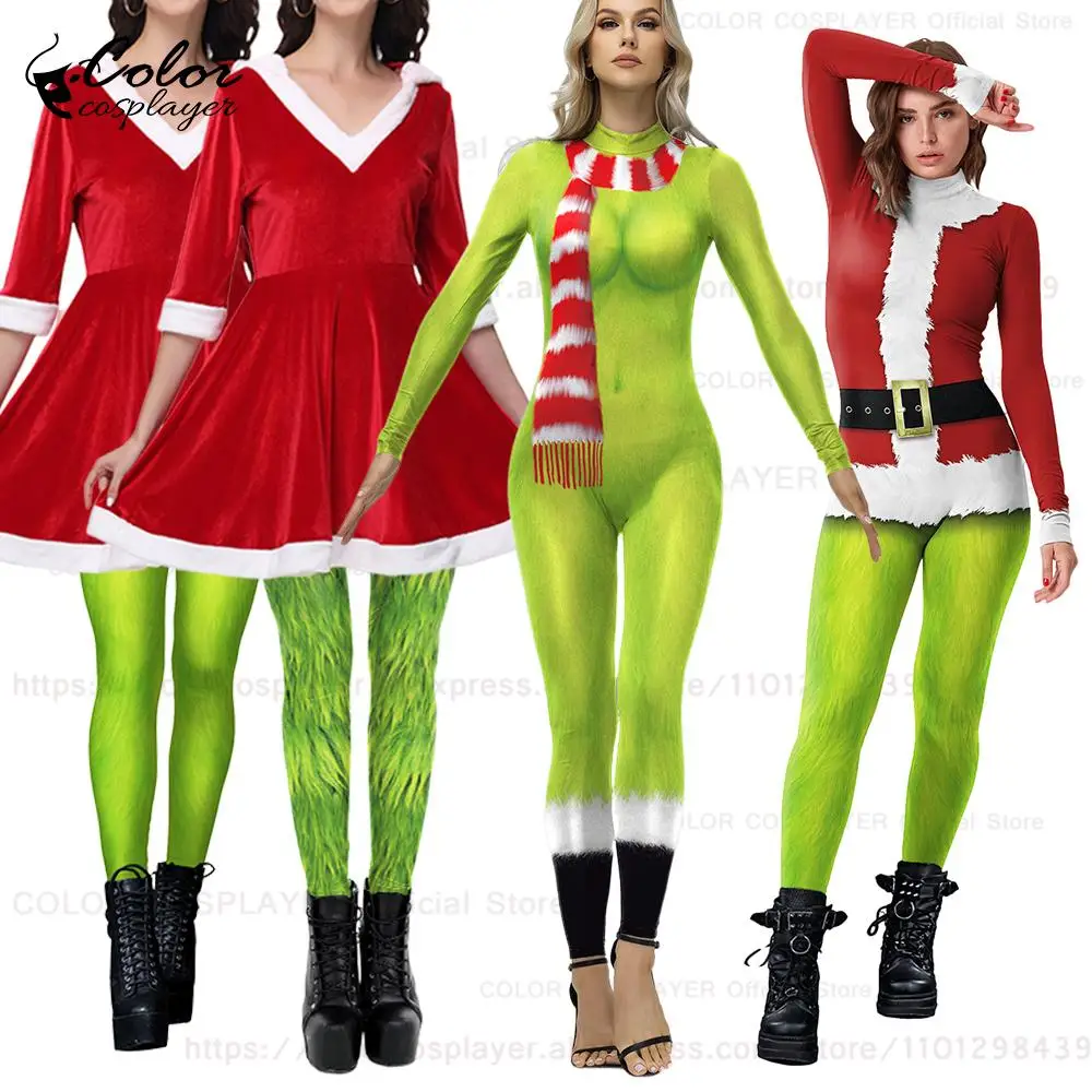 Color Cosplayer Christmas Dress Suit Jumpsuit Xmas Cosplay Costume Movie Green Monster Girl Bodysuit Party Carnival Zentai