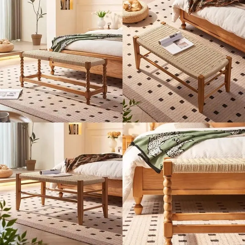 Simple Retro Solid Wood Bedside Stool Small Sofa Bench for Bedroom Living Room Designer Rope Dining Stool Compact Footrest
