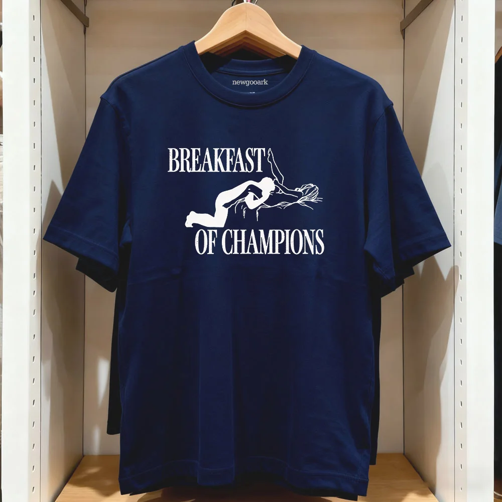 Breakfast of Champions Print Fan Gift T Shirt Funny Couples Joke Witty Humor 100% Cotton Crew Neck Valentine Tops