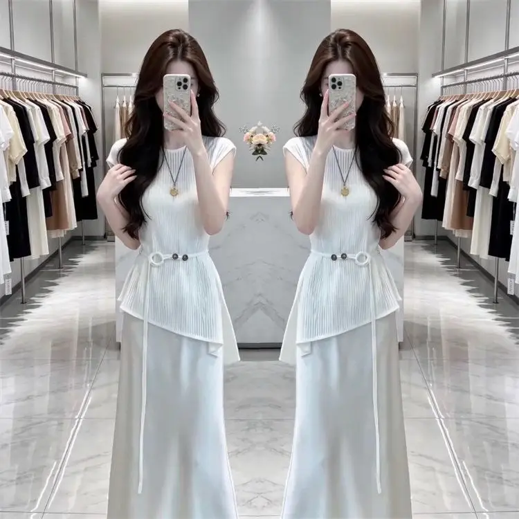 

New Summer High End Women's Suit Fashion Hollow Out O-neck Sleeveless Irregular Top + Satin Sling Dress Womens Matching Sets