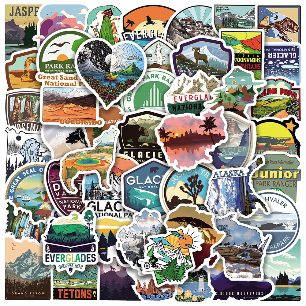 50 Stück Wald-Camping-Wander-Outdoor-Cartoon-Aufkleber Reise-Landschafts-Sticker Wasserfeste Graffiti-Aufkleber für Koffer, Gepäck, Fahrrad, Auto