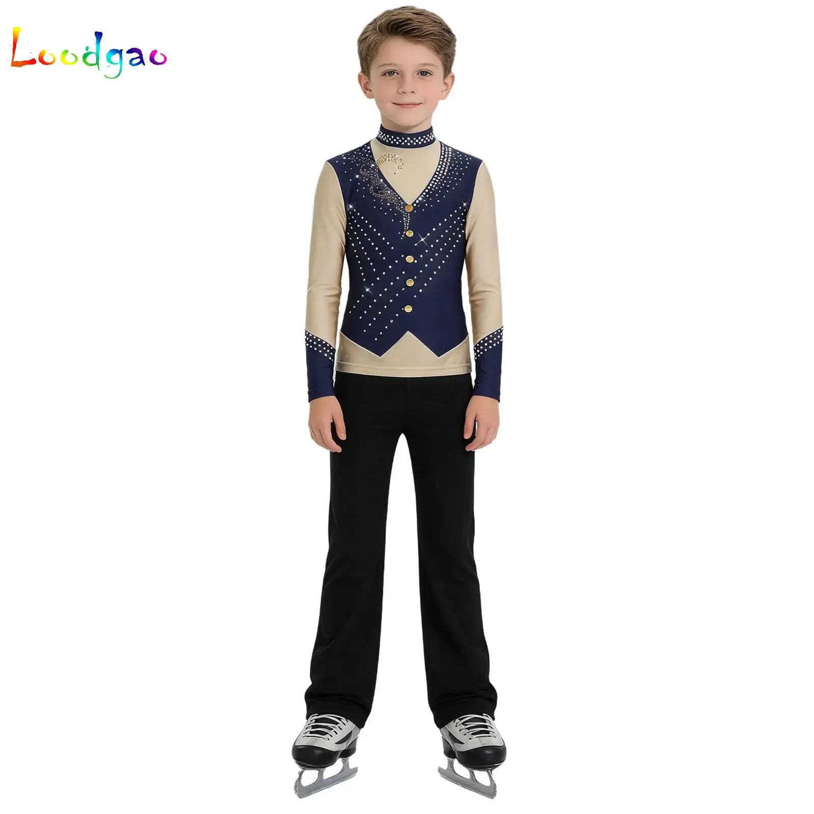 

Kids Boys Figure Skating Outfit Long Sleeve Invisible Zipper Shiny Rhinestones Top with Pants Ballerina Dance Practice Costume