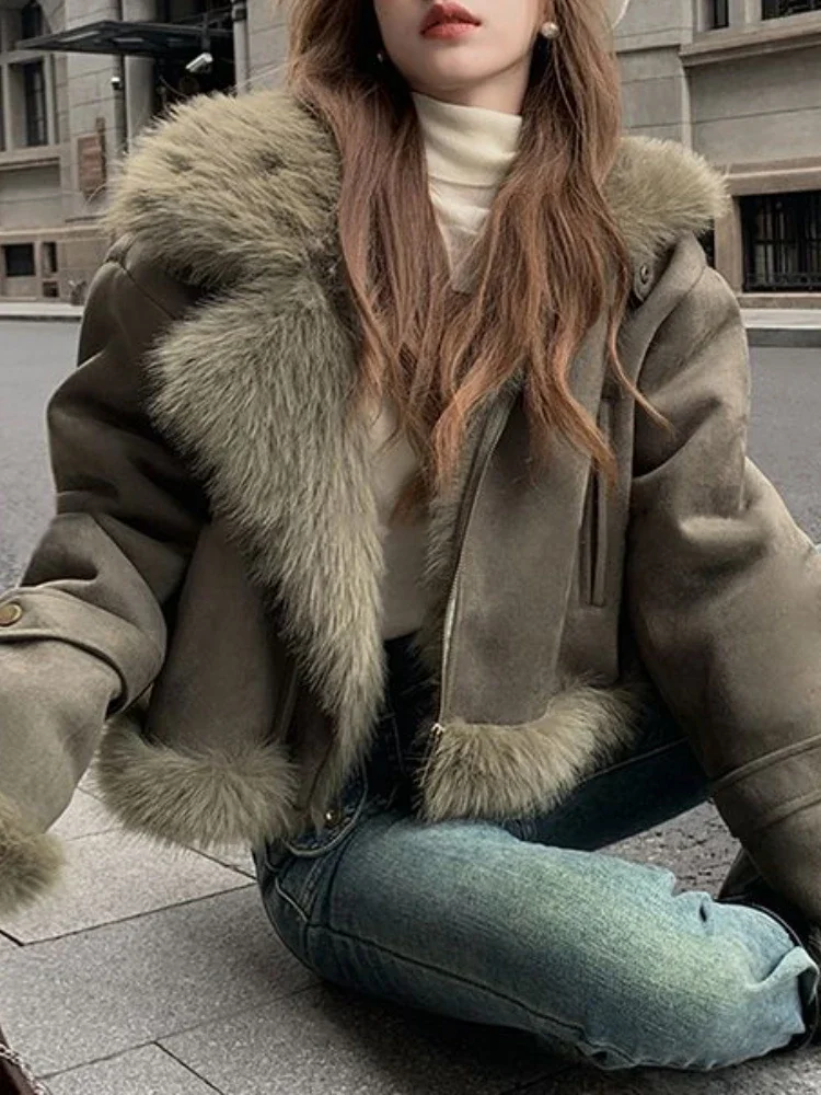 Winter Warm Faux Suede Leather Jacket Women High Street Irregular Biker Zipper Leather Jacket Streetwear Cropped Leather Coat