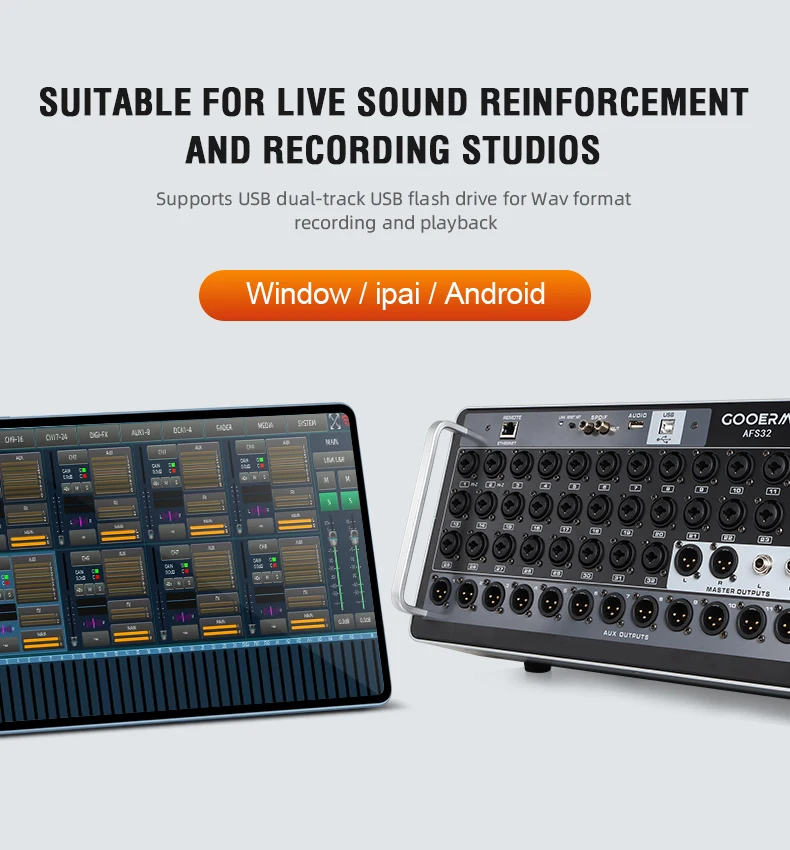 AFS32CH Rackmount Digital Music Console Mixer Stage Performance 5-Band EQ Singing Tool mit WIFI-Verbindung Langlebiges Metall