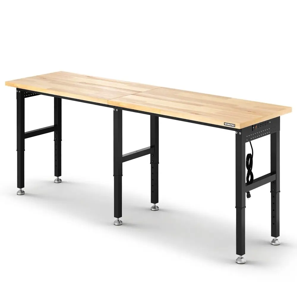 

96x24 HeavyDuty Adjustable Workbench, 4000LBS Load Capacity Work Table with Power Outlet amp Pegboard, Rubber Wood Top Workstat