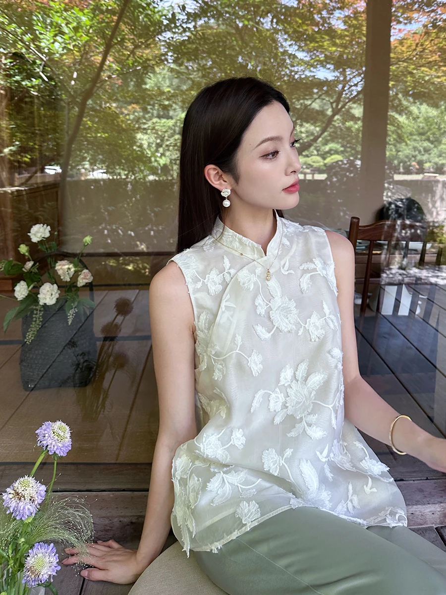 

Limited Edition Xu Beiting Silk Organza New Chinese Sle Retro Stand Collar Svel A-Line Top Women Summer Small irt