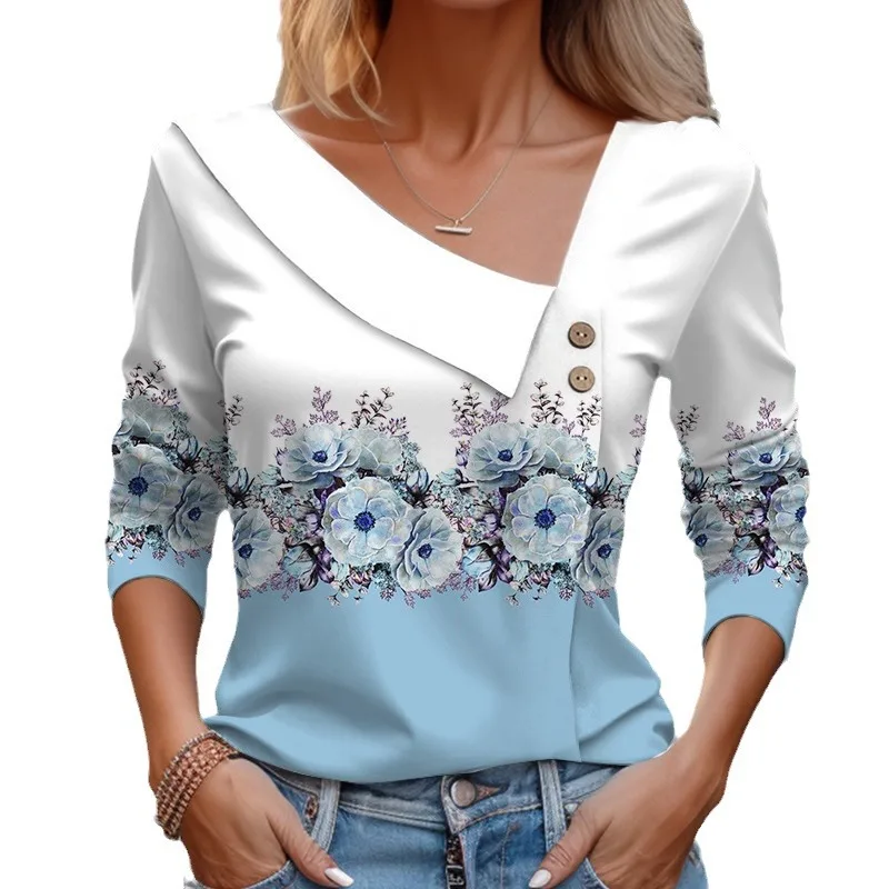 Floral Print Graphic T Shirt For Women Korean style Skew Collar Long Sleeve T-shirt Female 2023 Spring Autumn Office Top Tees