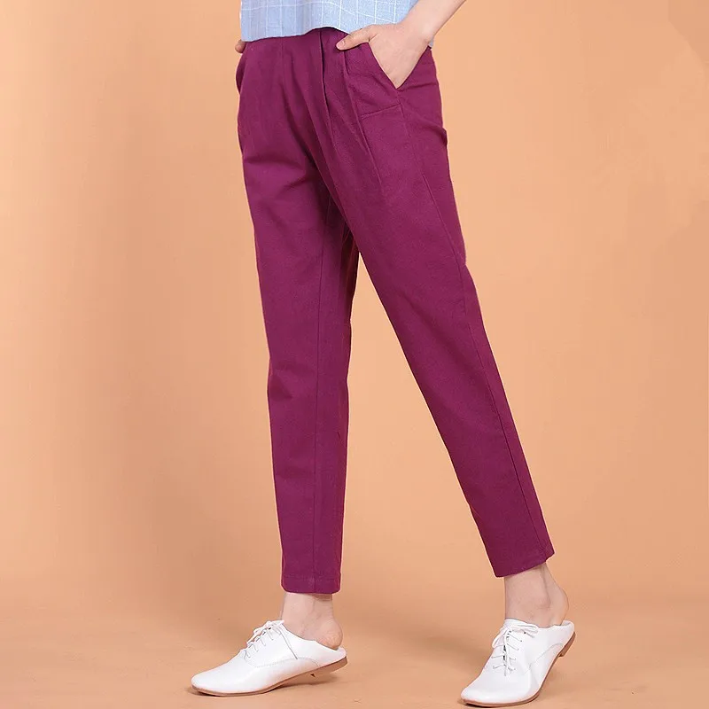 2024 Summer Women Loose Cotton Linen Trouser Casual Elastic Waist harem pants Vintage Female Pants bottoms