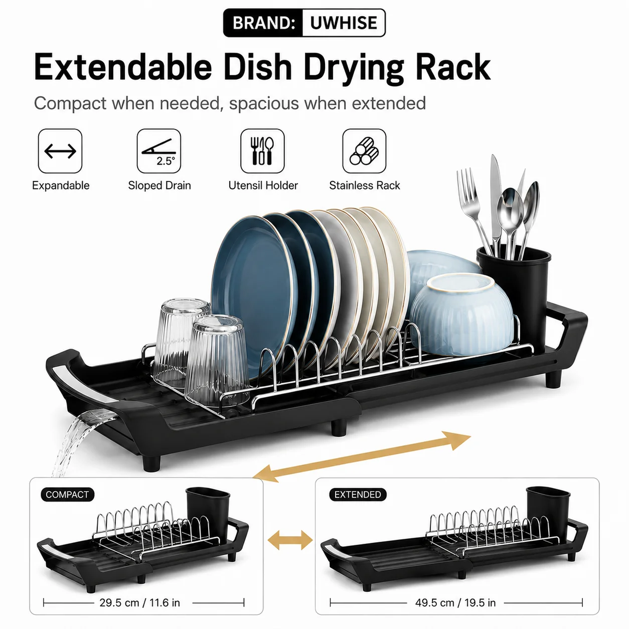 Uwhise Compact Expandable Dish Rack with Cutlery Holder Anti-Rust Dish Drainers Multifunctional Dish Rack for Kitchen Counter