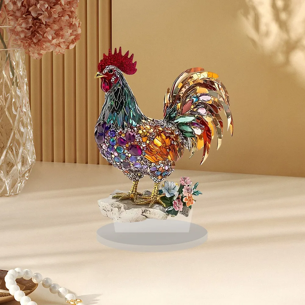 Criativo colorido bonito galo ornamento mascote estátua 2d plana acrílico casa estante escritório decoração de mesa amigos presentes