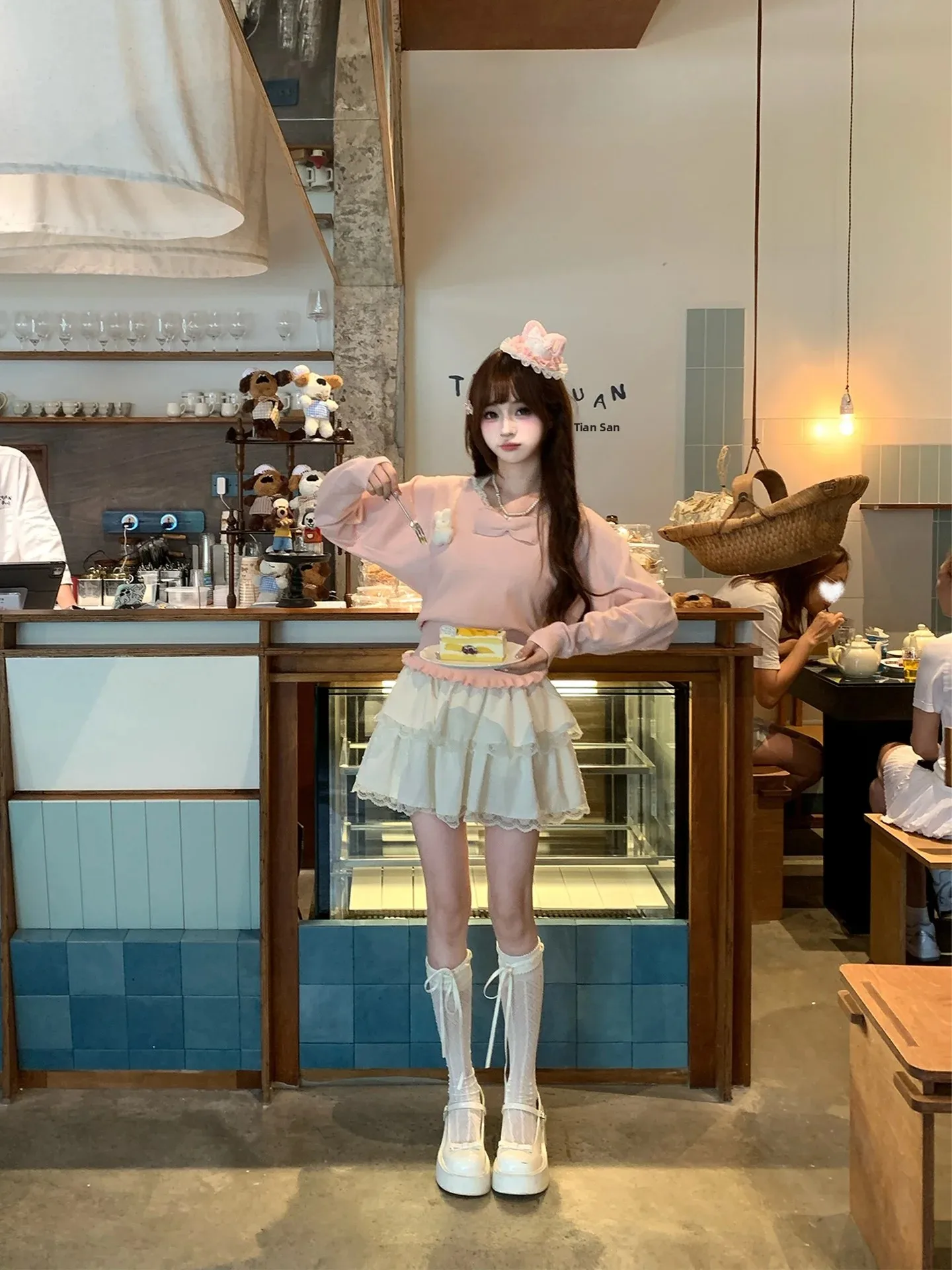 Sweet Style Knitted Rabbit Furry Women's Top Neck Hanging Waist Cinching Date Outfit Soft Fabric Long Sleeve  Color