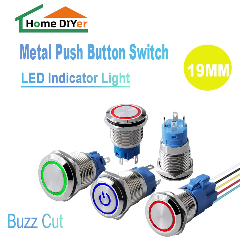 

19mm Metal Push Button Switch Momentary/Latching Flat Head Led Light Red Yellow Blue Green White 12V 24V 220V