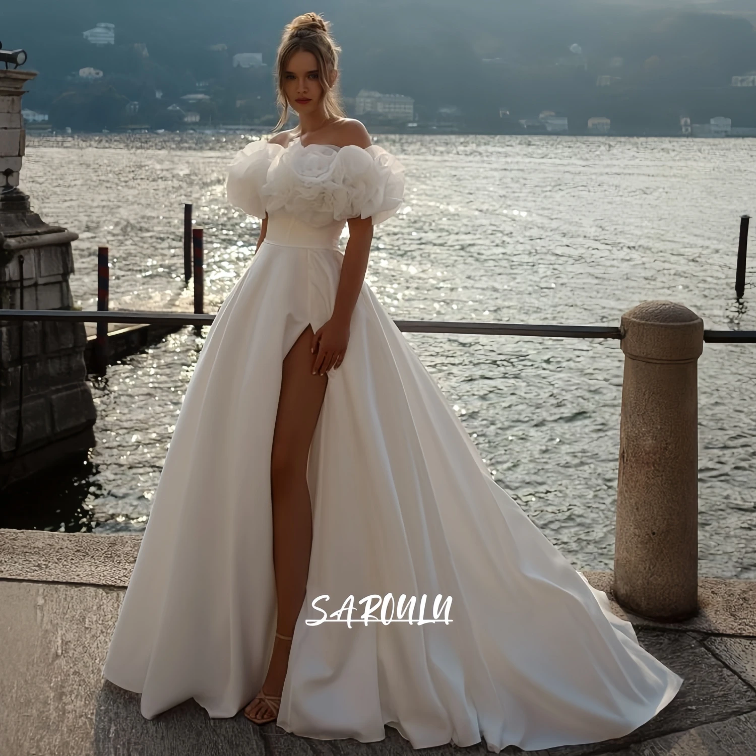 

Off-the-Shoulder Satin Wedding Dress for Women 2025 Side Slit Customized Long Bride Dresses Rose Shoulder Bridal Gown