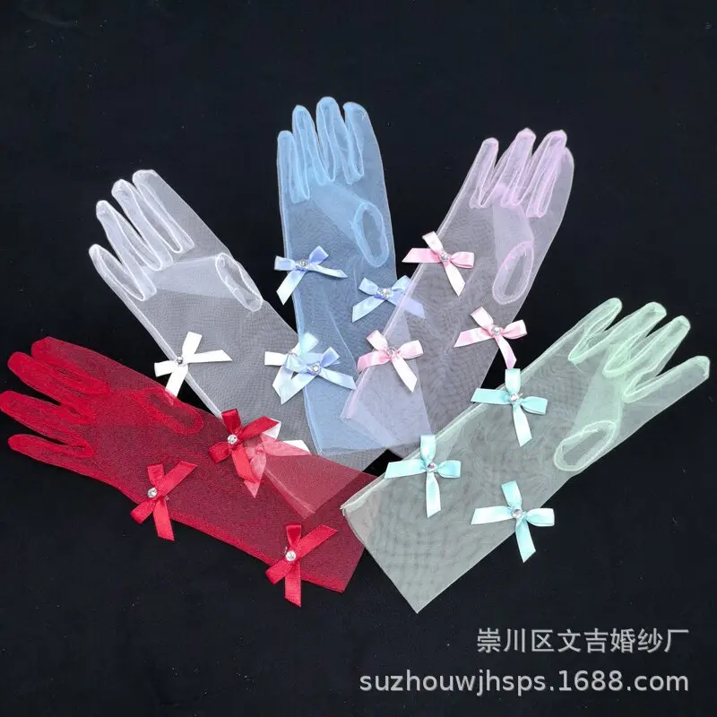 Kids Wedding Gloves Pink Bow Tulle Medium Long Child Photography Flower Girl Party Performance Lightweight Soft Daily Use Gift