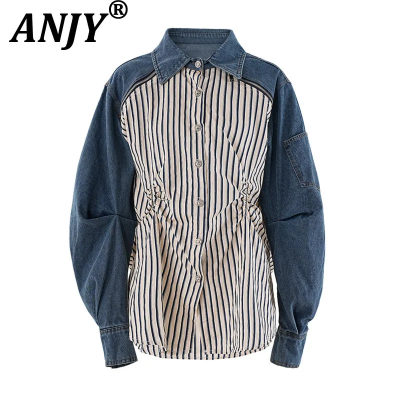 

ANJY осенние новые женские рубашки с отложным воротником в полоску в стиле пэчворк, джинсовые контрастные цвета, однобортные топы High Street Y2K A11291