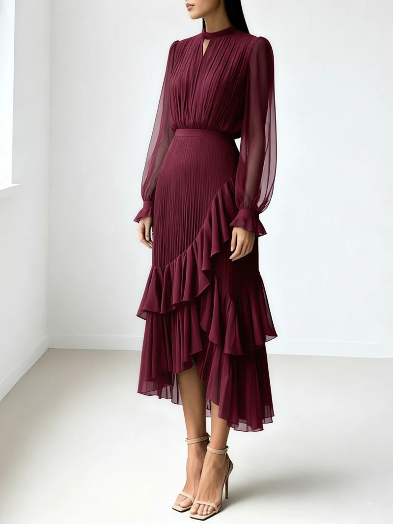 Vestido Elegante com Mangas Longas e Babados para Mulheres, Vestido em Camadas Estilo A para Primavera e Verão, Vestidos de Festa e Prom