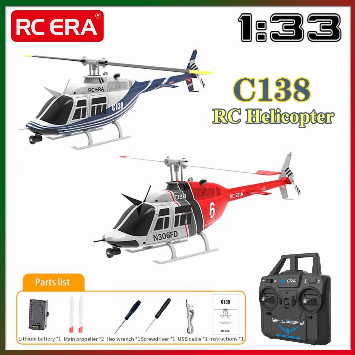 

RC ERA C138 BELL 206 RC Helicopter 2.4G 6-axis Gyro Stabilized Altitude Hold 6CH Remote Control Simulation Plane Toys for Adults