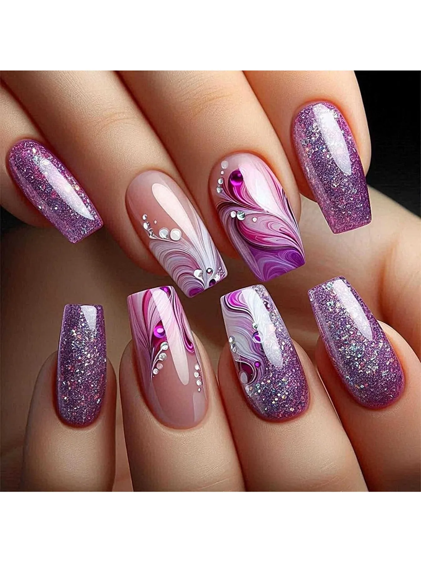 

24PCS Medium fake nails for women girls gradient purple colors wave strips design french ballet nail tips press on false nail