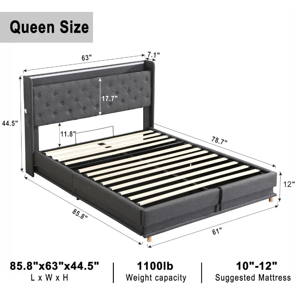 For Queen Size Bed Frame with Lift Up Storage, Upholstered Platform Bed with Charging Station&Led Lights, Queen Bed - view 6