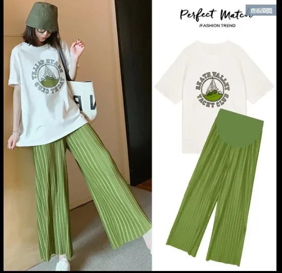 Kurzarm T-Shirt Hose mit weitem Bein Twinset für Mutterschaft Sommer lose lässige schwangere Frau Kleidung Set Mode bedruckten Anzug