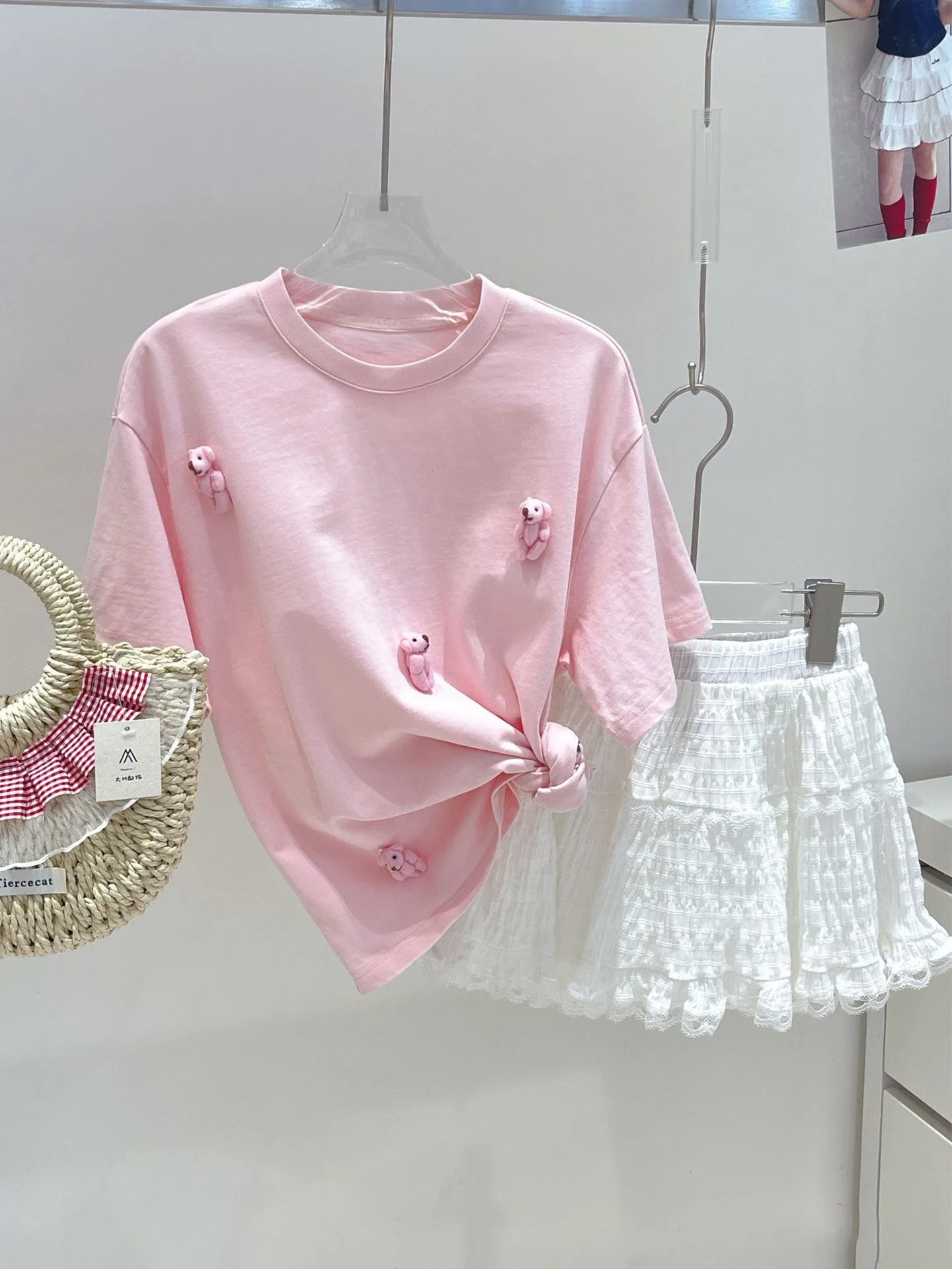 

Girls Short Sleeve T-Shirt Casual Style Pink Color Block Bear Print Top Children's Summer Fashionable Clothes for Girls