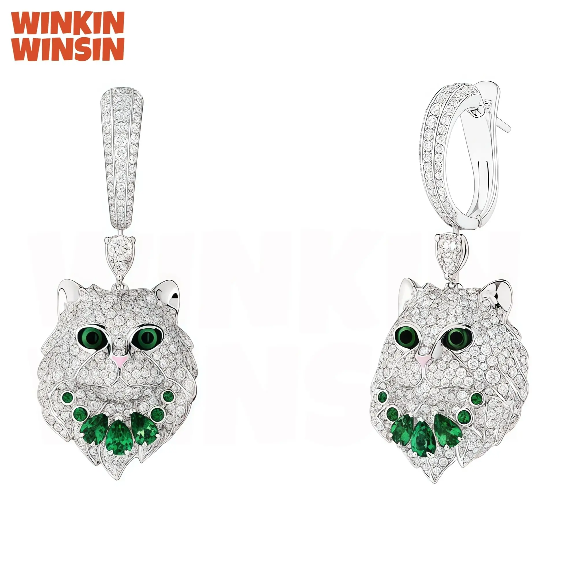 

WinkinWinsin Luxury Brand Drop Earrings S925 925 Sterling Silver Animal Face Cat Stud Earrings For Women Green Gemstones Jewelry