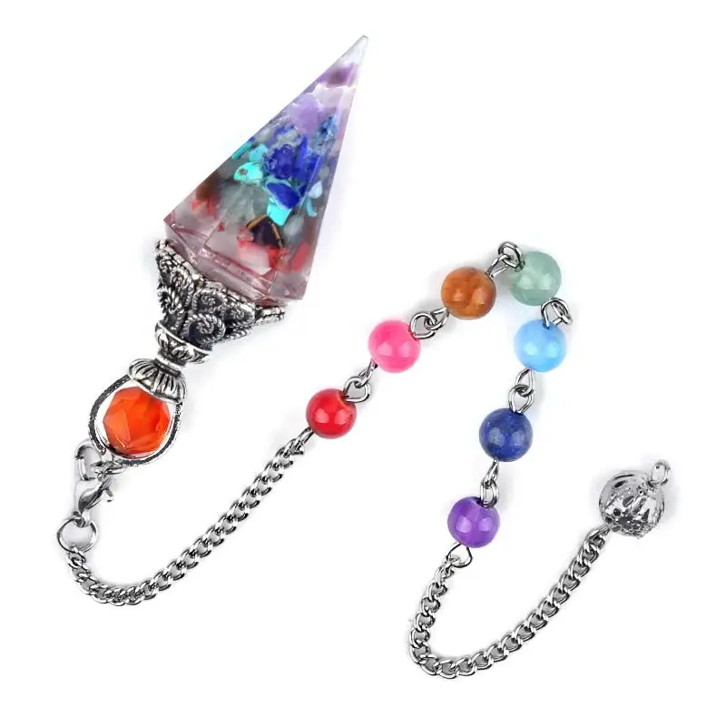 Piedra Natural de 18x60mm con resina, cadena de plata antigua, péndulo de espíritu colorido, 16 colores, curación energética, equilibrio de divinación Wiccan