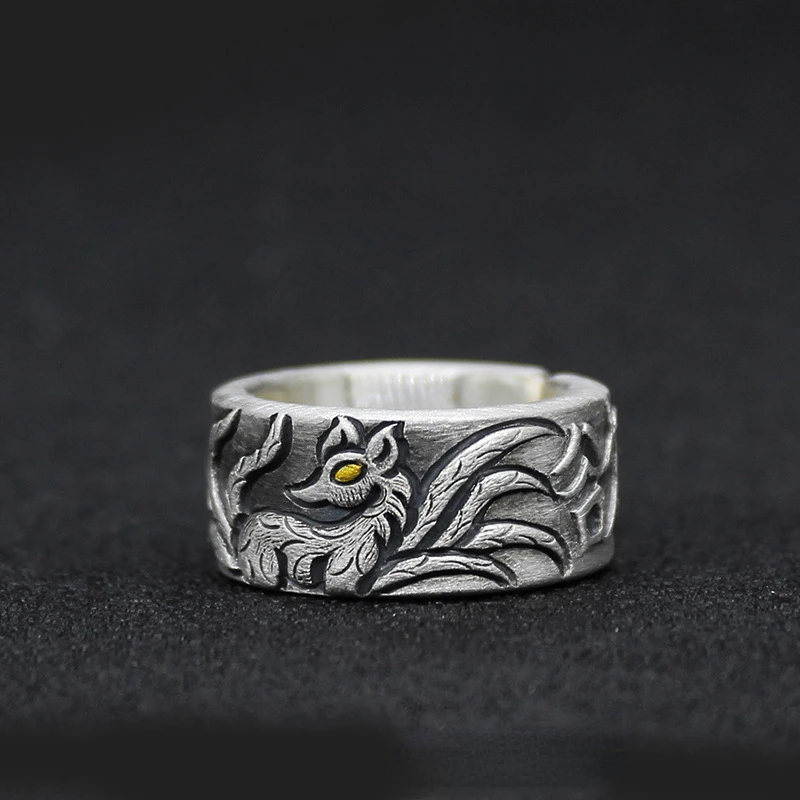 

925 Thai Silver Fox Rings Retro Personality Niche Trend Jewelry Fashion Charms Accessories Retro Opening Adjustable Gift